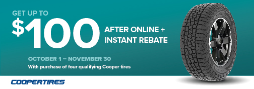 Cooper 4 Tire up to $100 Visa Card Mail in Rebate 10/1/2024 through 11/30/2024